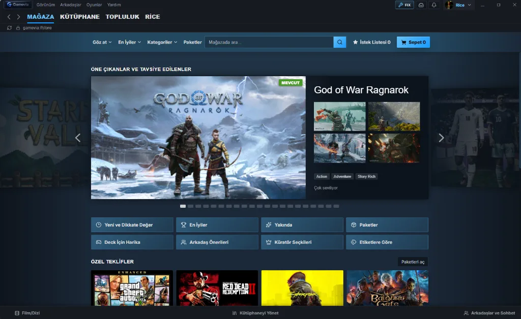 Gamevia Masaüstü Mağaza ve Oyun Kütüphanesi Arayüzü